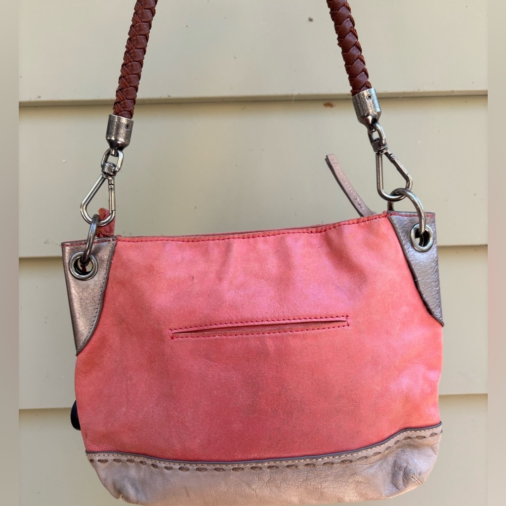 The Sak Coral brown silver leather handbag purse Preowned beige tan